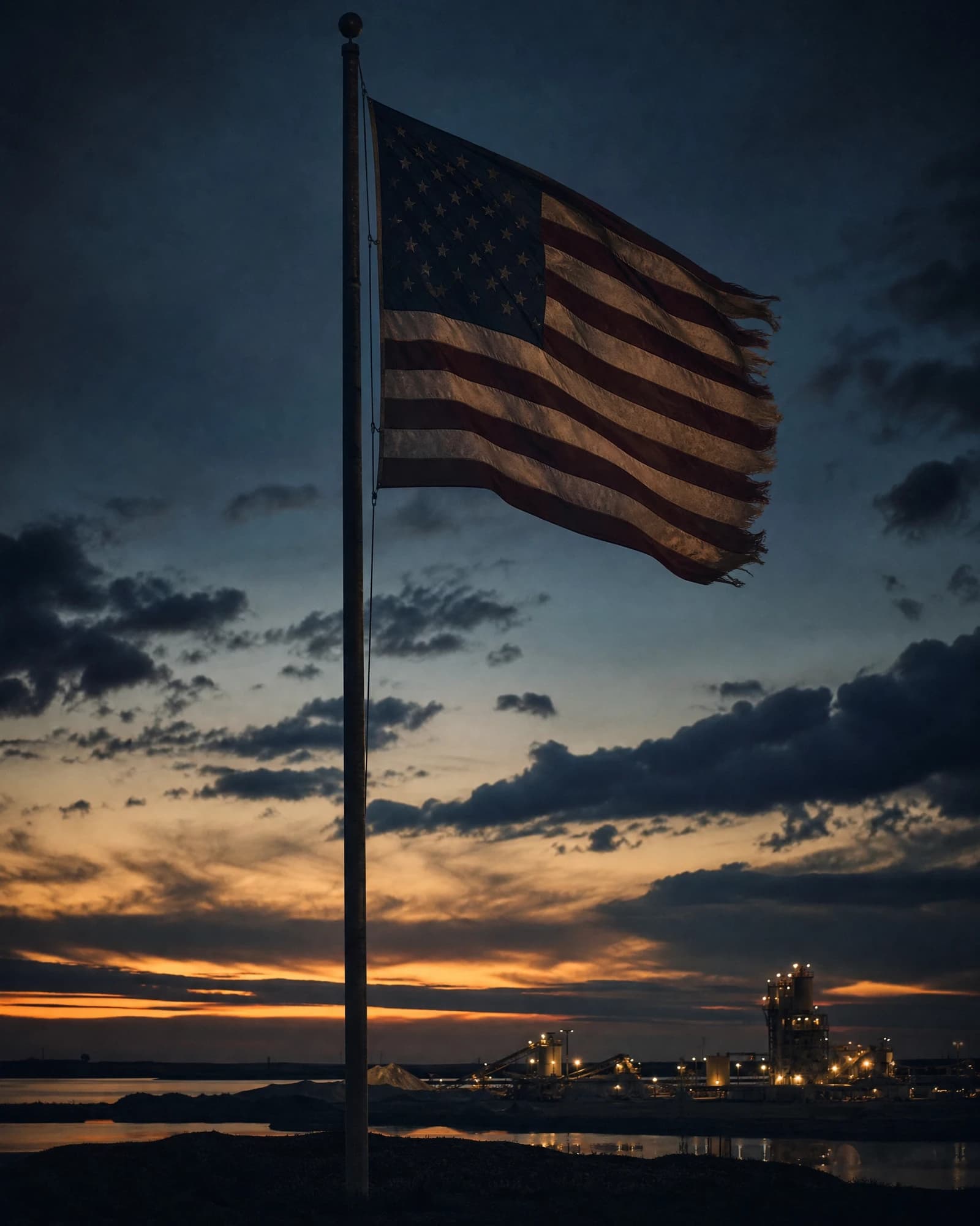American flag flying at dusk over the Unmanned Industries production facility