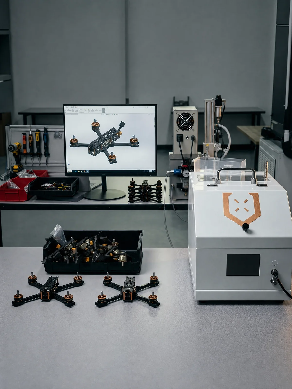 Assembly bench with finished FPV drones, a CAD workstation and a branded Unmanned Industries fastening machine