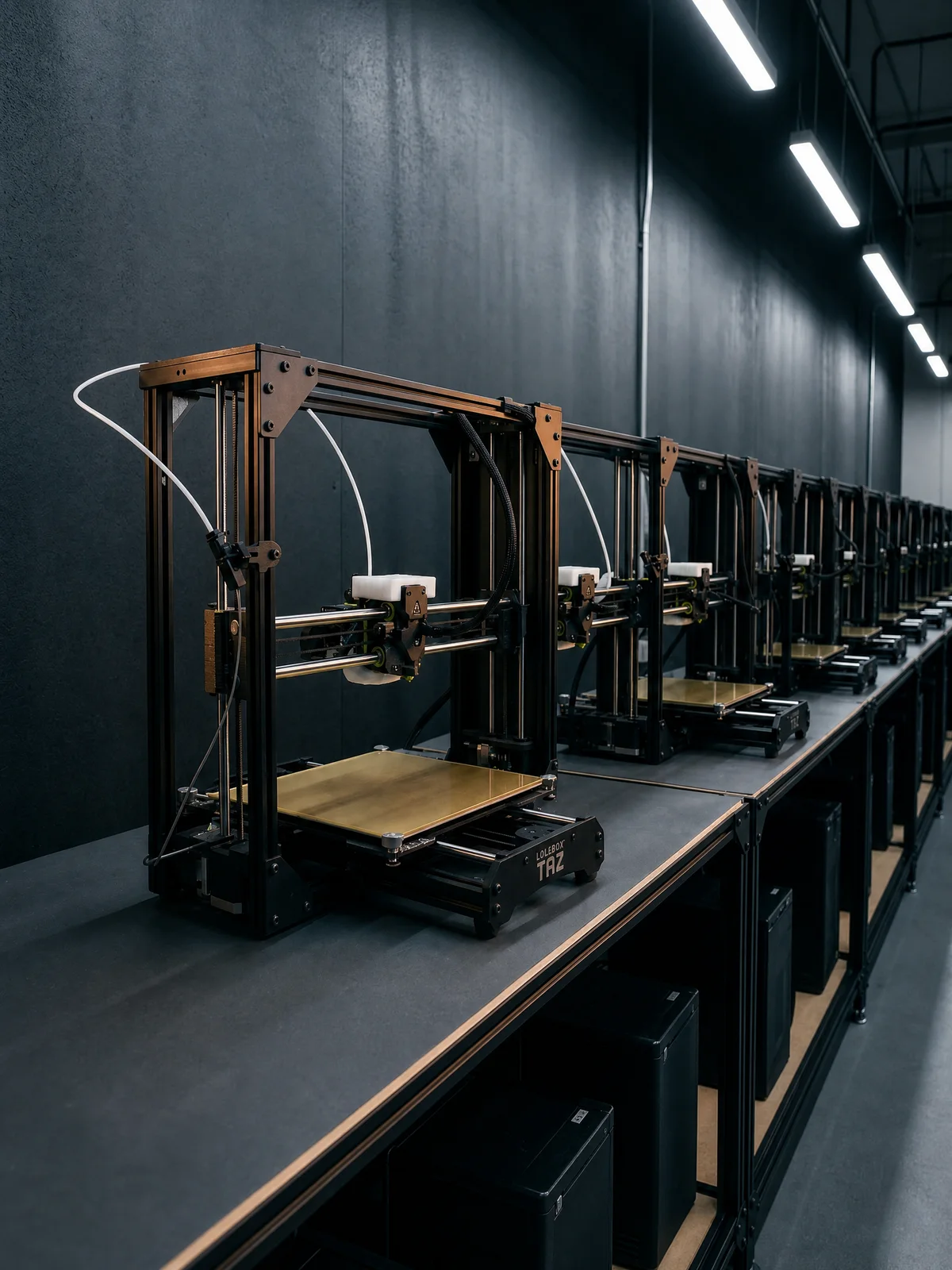 Row of identical 3D printers running in the Unmanned Industries print farm