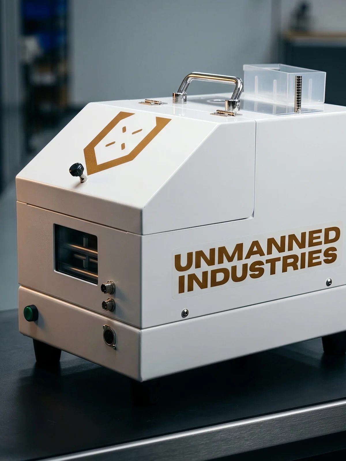 Branded Unmanned Industries automated assembly machine on a workbench, parts-bin shelving behind